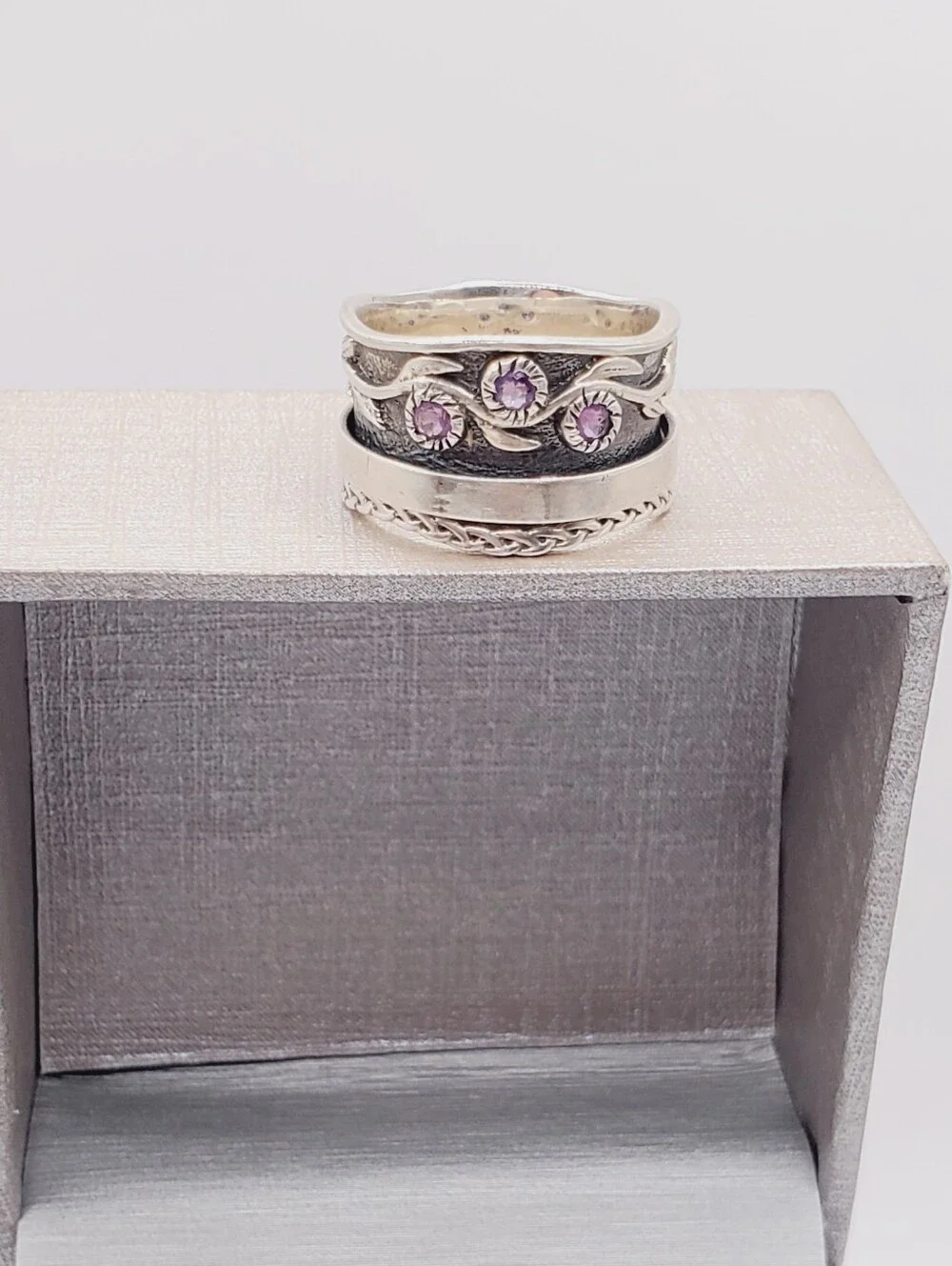 Genuine Amethyst 925 Sterling Silver Fidget Spinner Braided Band Leaf Ring - Picture 11 of 11
